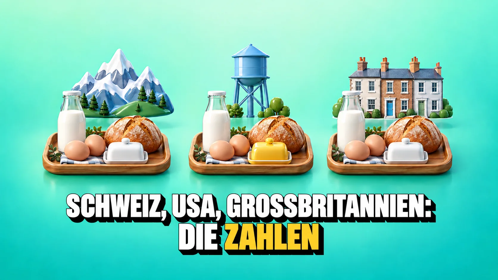 Drei gleiche Lebensmitteltabletts mit Symbolen für Schweiz, USA und Grossbritannien.