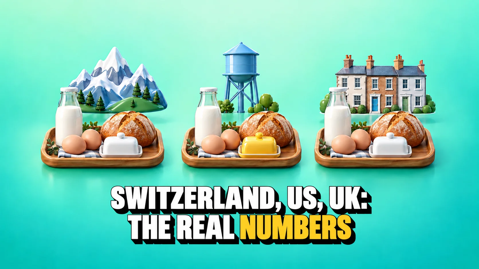 Three matching food trays with symbols of Switzerland, the US and the UK.