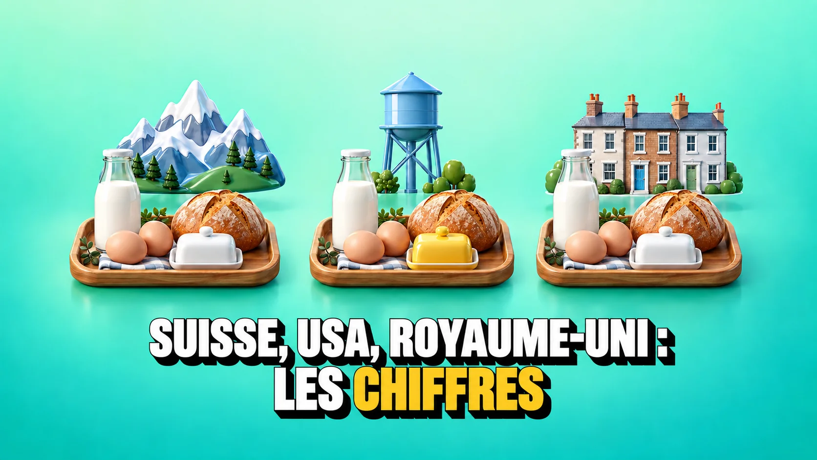 Trois plateaux identiques avec aliments et symboles de Suisse, États-Unis et Royaume-Uni.