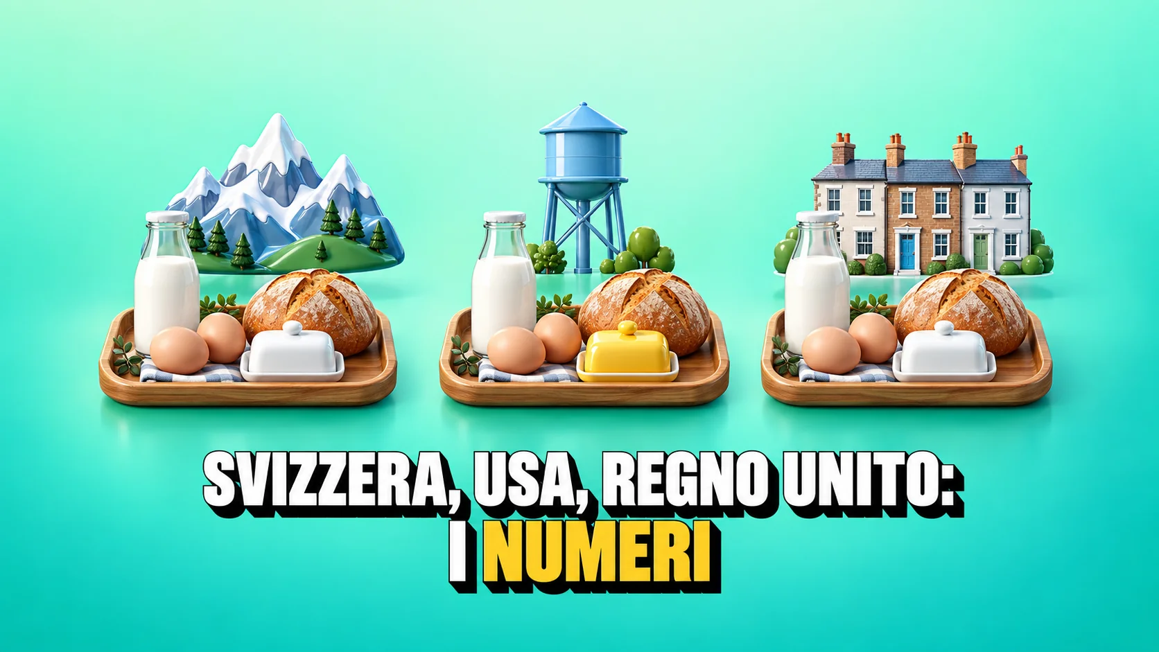 Tre vassoi uguali con alimenti e simboli di Svizzera, Stati Uniti e Regno Unito.