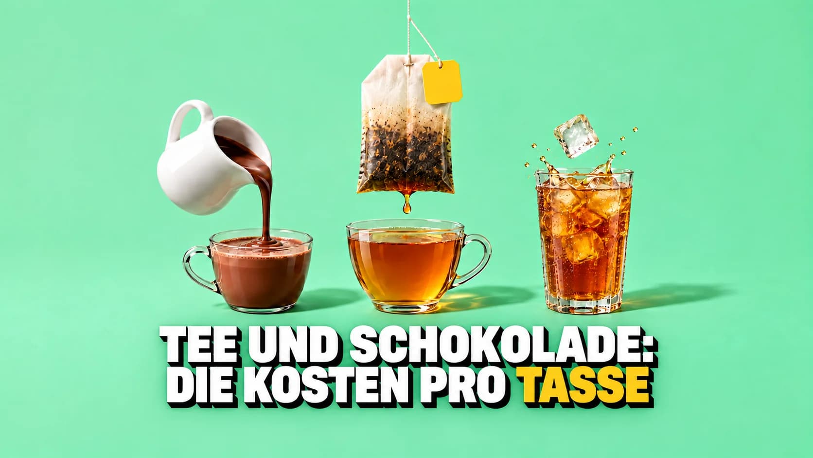 Ein riesiger Teebeutel schwebt über einer Glastasse neben Schokolade und Eistee.
