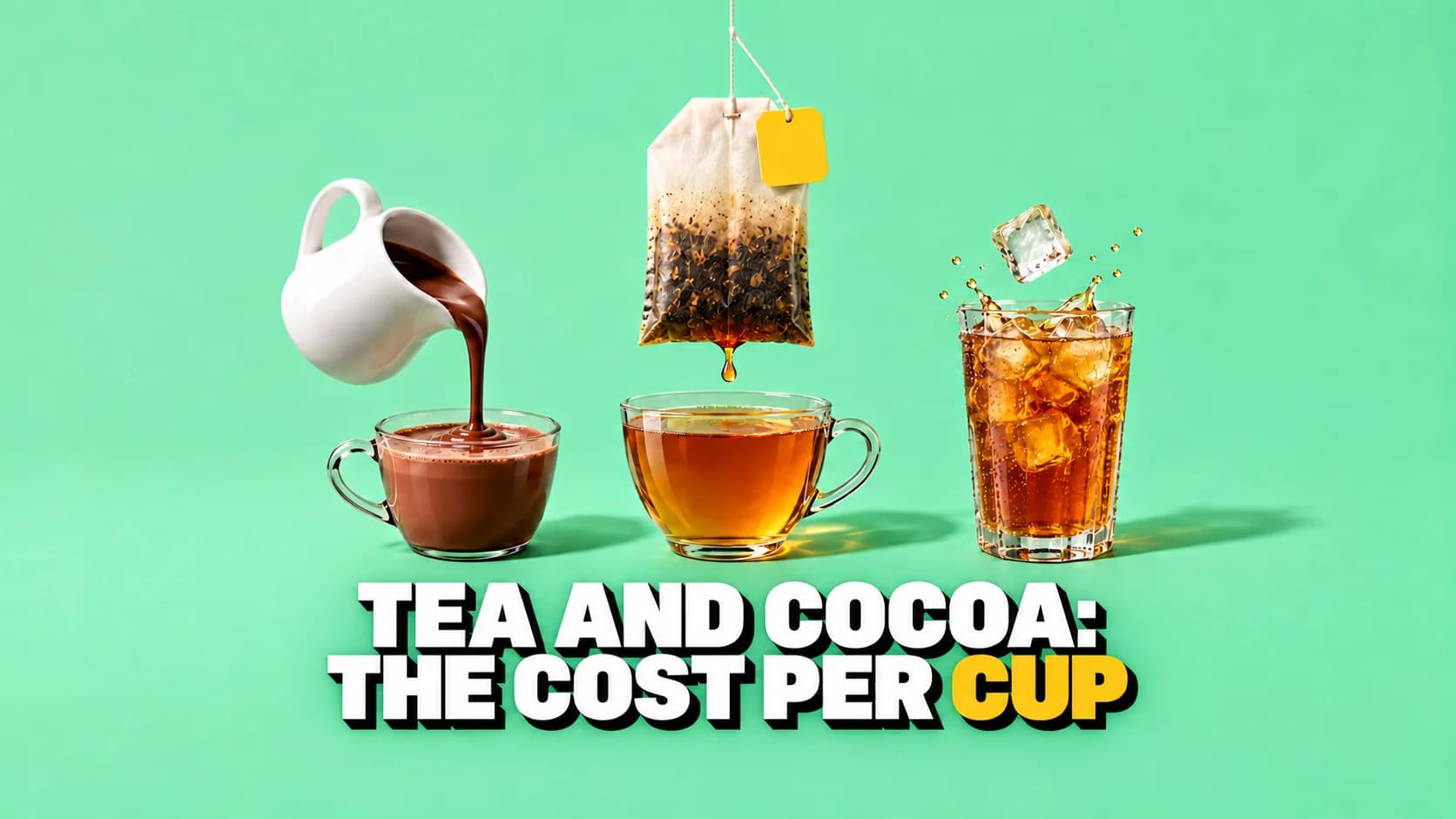 A giant tea bag floats above a glass cup beside chocolate and iced tea.