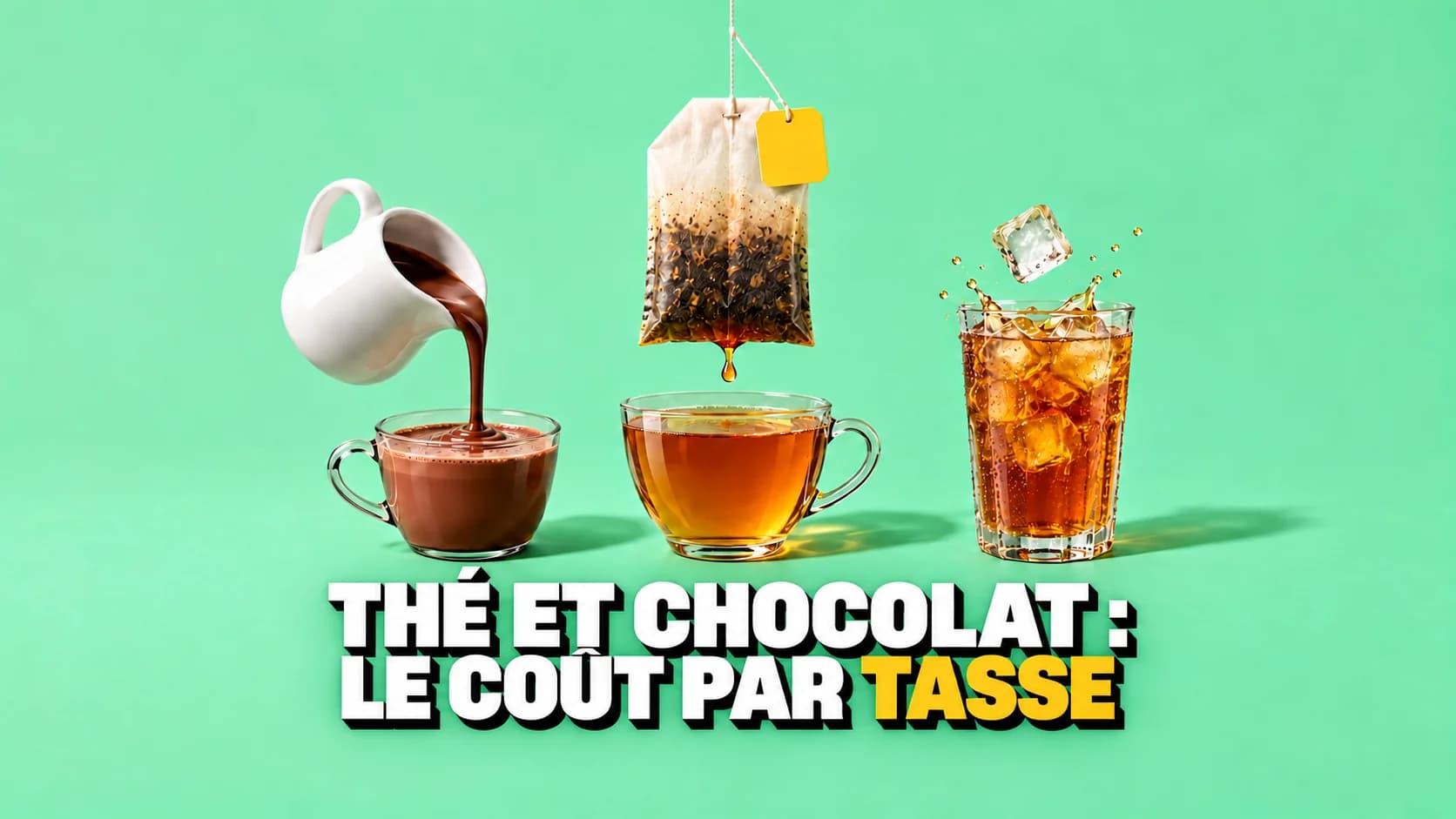 Un sachet de thé géant flotte au-dessus d’une tasse, près de chocolat et de thé froid.