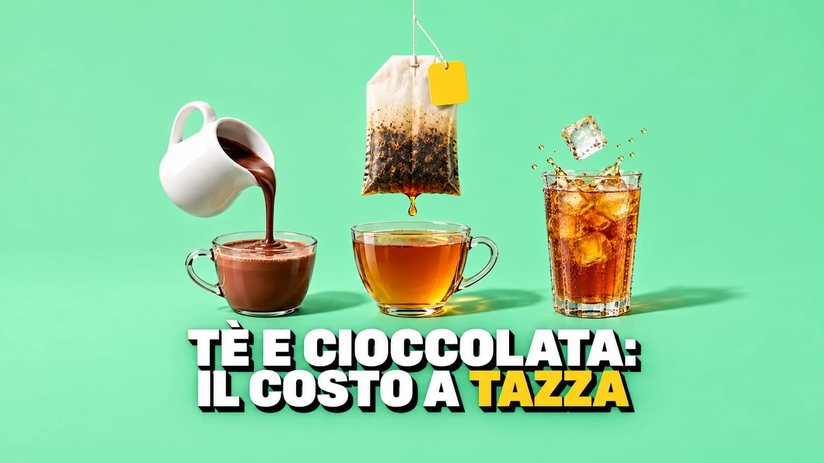 Una bustina di tè gigante sospesa sopra una tazza di vetro, accanto una brocca di cioccolata e un tè freddo