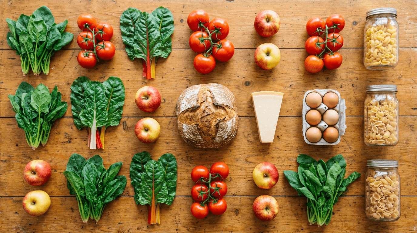 Fresh groceries – vegetables, fruit, bread, cheese, eggs and pasta – arranged top-down on a wooden table