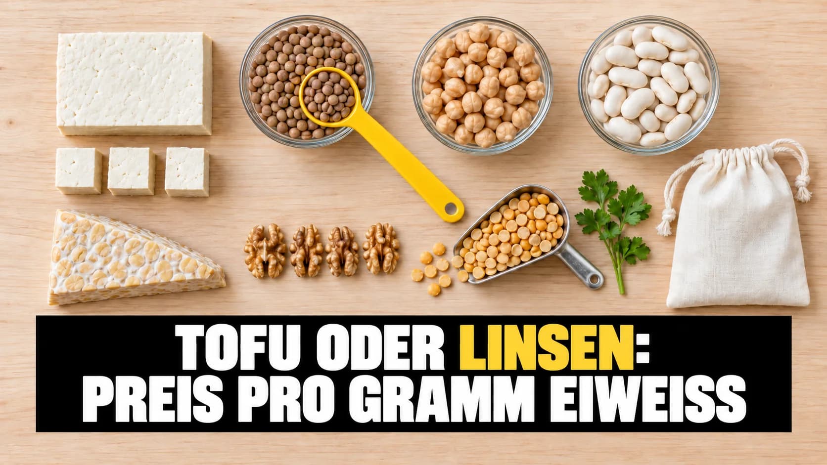 Tofuwürfel und Schalen mit Hülsenfrüchten auf hellem Holz, mit gelbem Messlöffel.