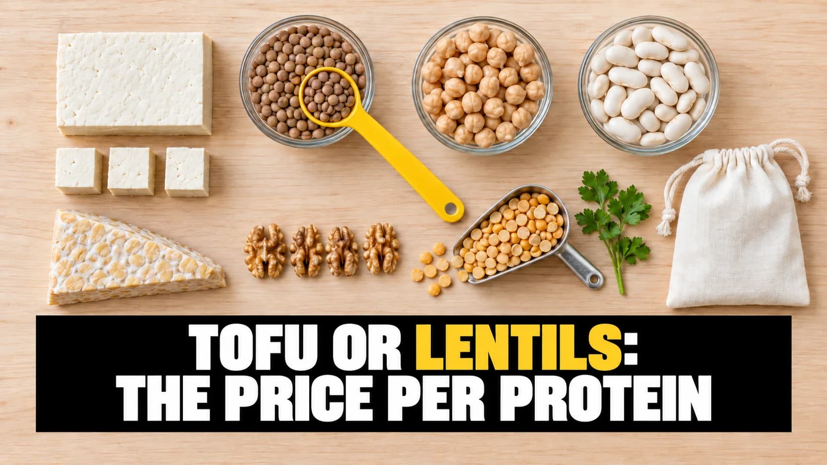 Tofu cubes and bowls of pulses on pale wood with a yellow measuring spoon.