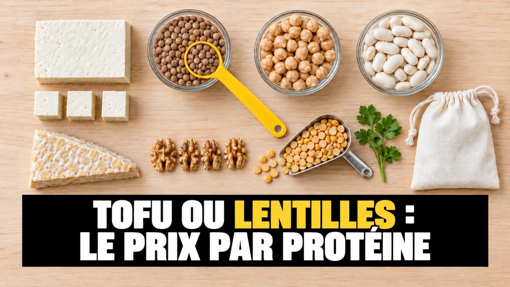Du tofu et des bols de légumineuses sur du bois clair avec une cuillère jaune.