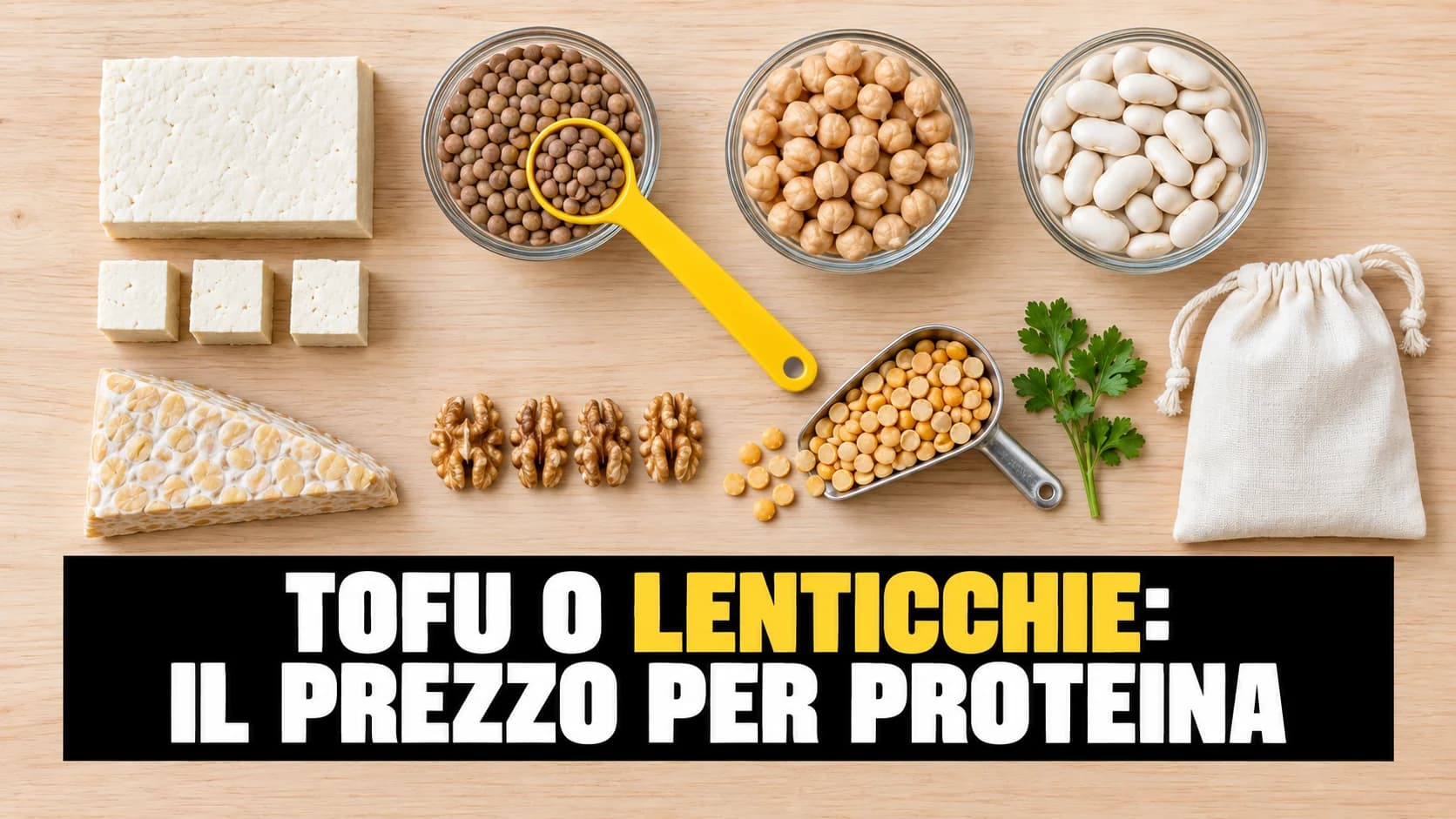 Flat lay su legno chiaro con tofu a cubetti, ciotole di lenticchie, ceci e fagioli e un cucchiaio dosatore giallo