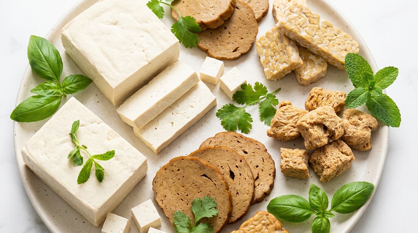 Tofu et alternatives végétales à la viande avec étiquettes de prix dans un supermarché suisse