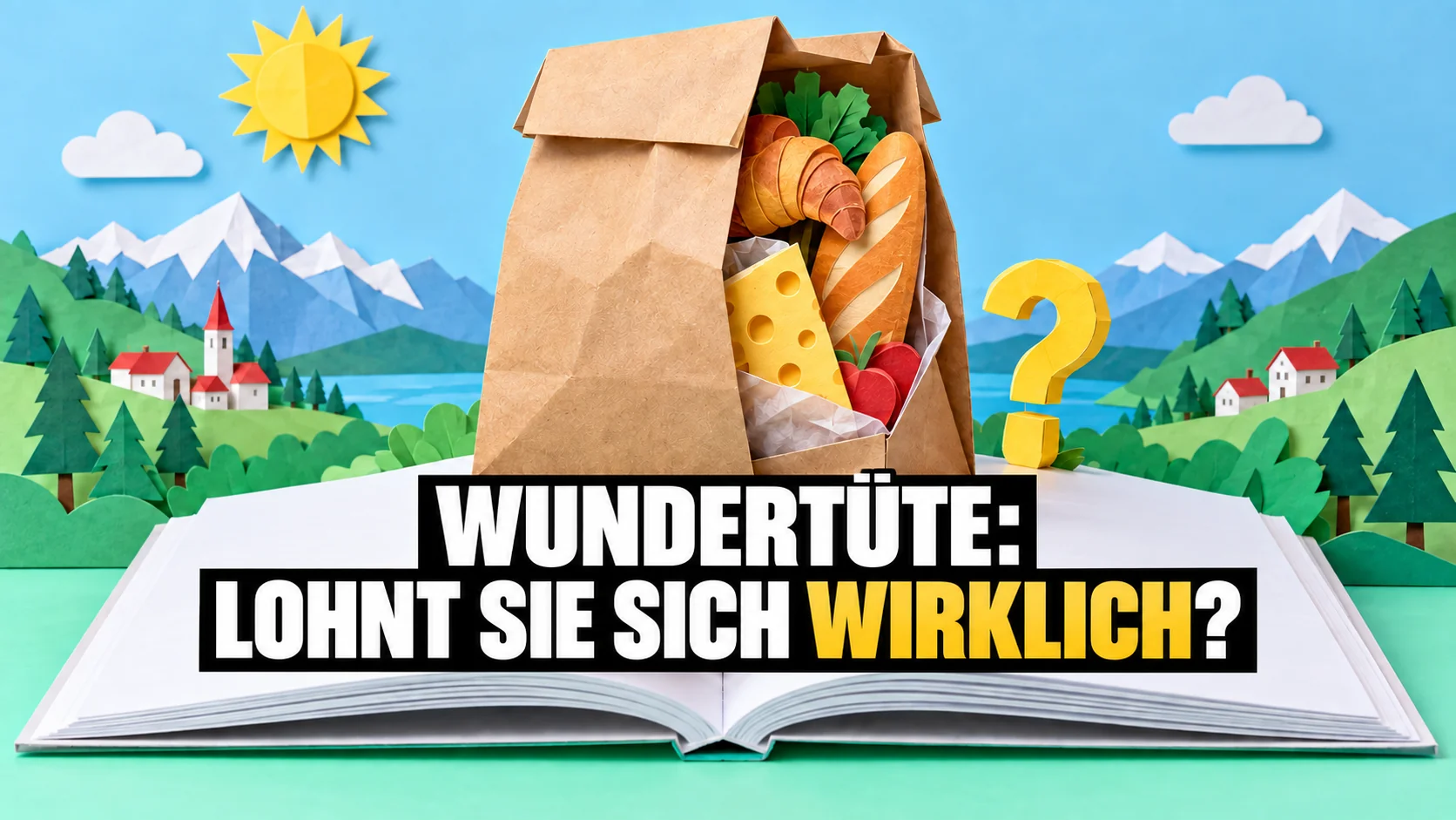 Papier-Pop-up mit geöffnetem Überraschungsbeutel und herausragenden Lebensmitteln.