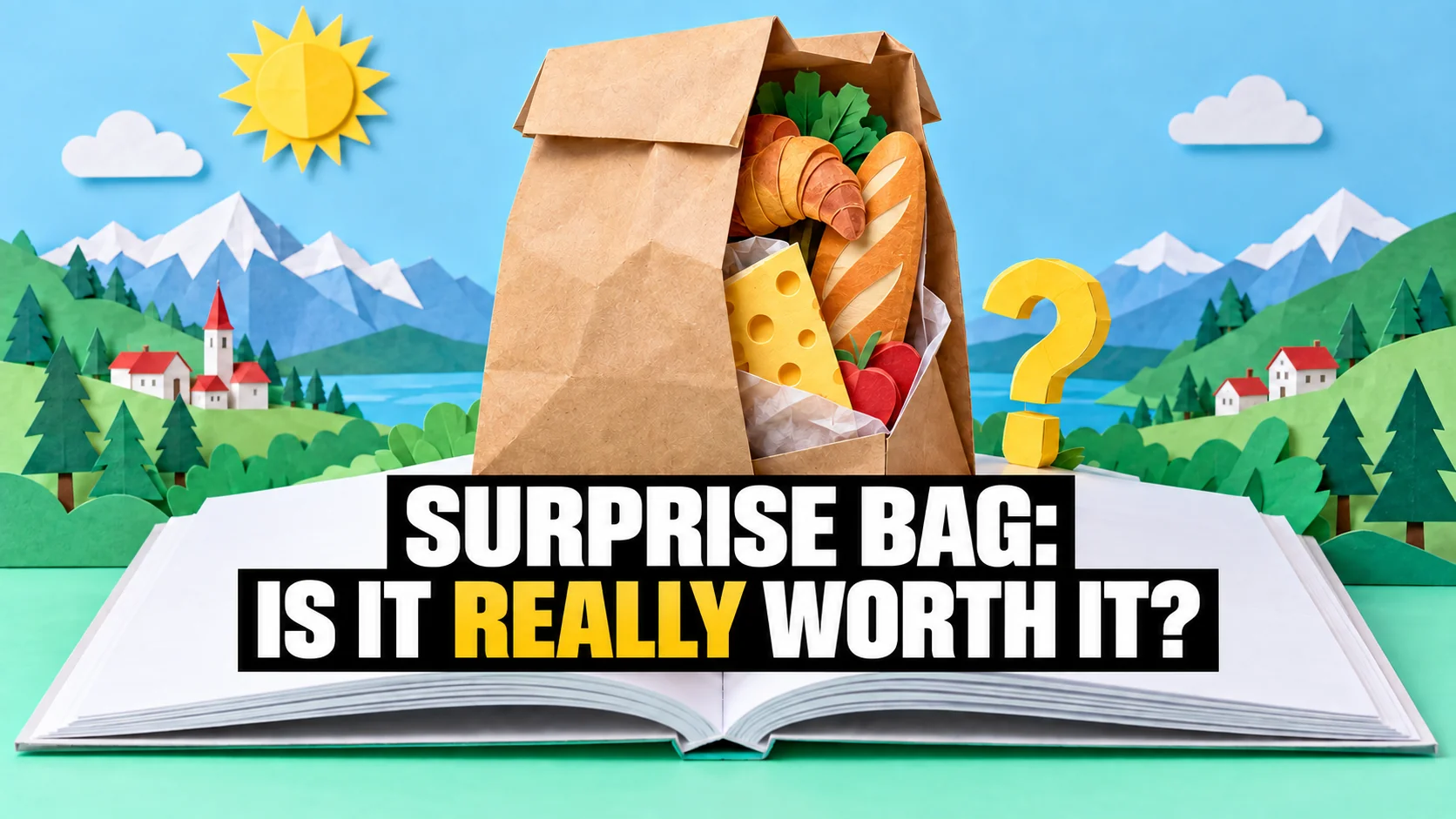 Paper pop-up scene with an open surprise grocery bag and food emerging from it.