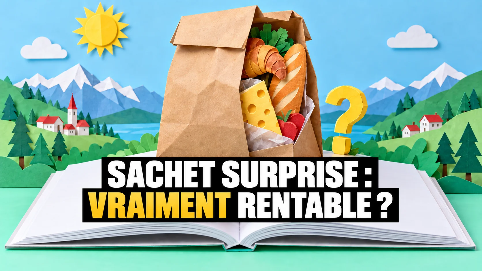 Scène pop-up en papier avec un sac surprise ouvert et des aliments qui en dépassent.