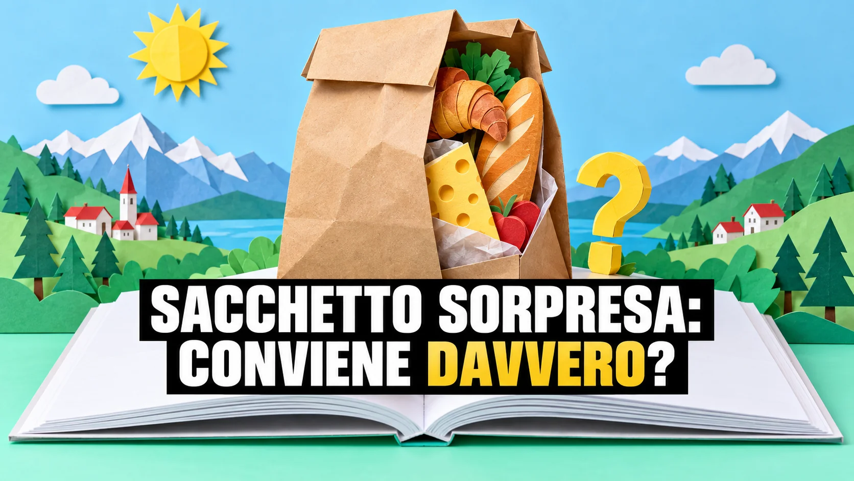 Scena pop-up di carta con un sacchetto sorpresa della spesa aperto e alimenti che emergono.