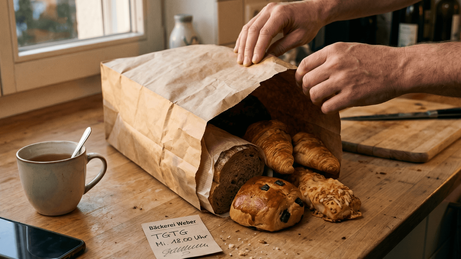 Un Magic Bag en papier kraft sur un plan de travail avec contenus de boulangerie suisse — croissant, petit pain, pâtisserie
