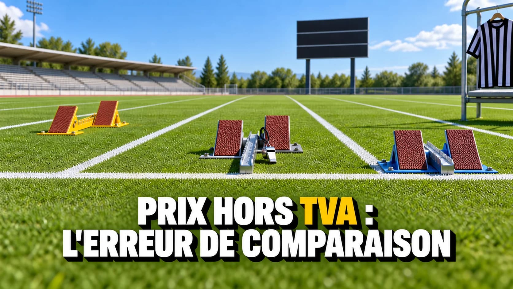 Trois blocs de départ identiques à différentes distances d’une ligne blanche sur fond vert.
