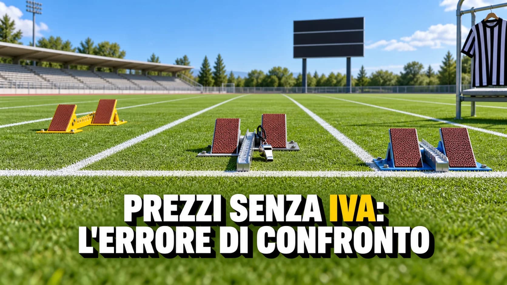 Campo verde con tre blocchi di partenza identici fissati a distanze diverse dalla stessa linea bianca