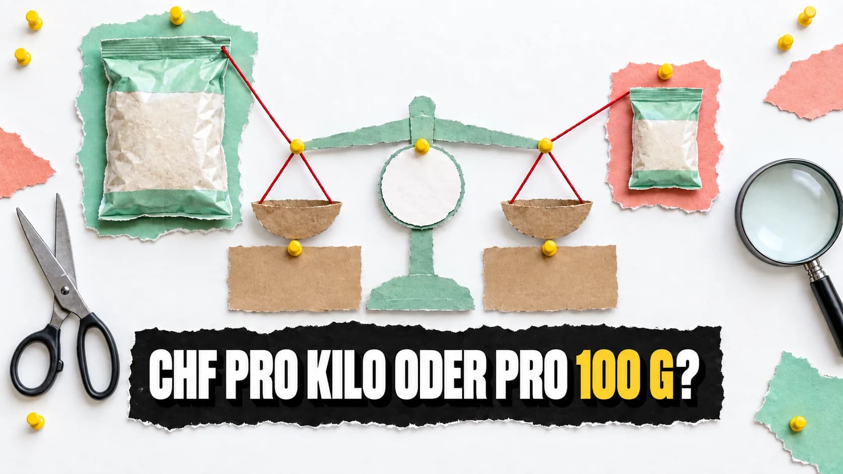 Papiercollage einer grossen und kleinen Packung, verbunden mit einer ausgeglichenen Waage.