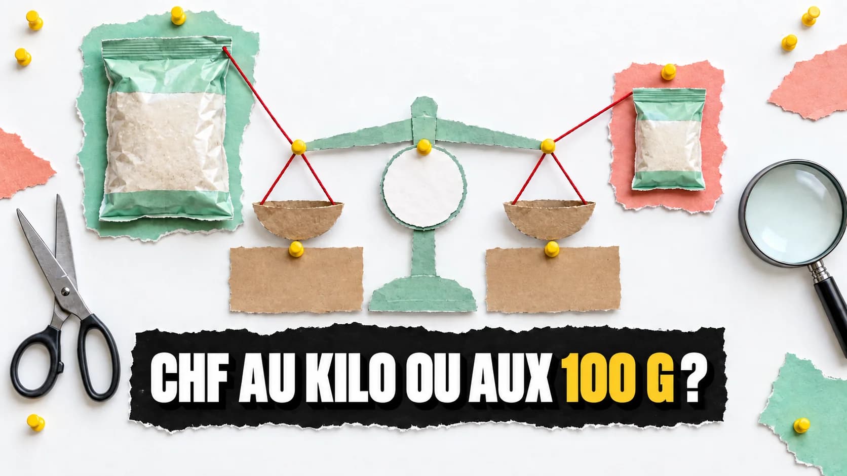 Collage d’un grand et d’un petit paquet reliés à une balance en équilibre.