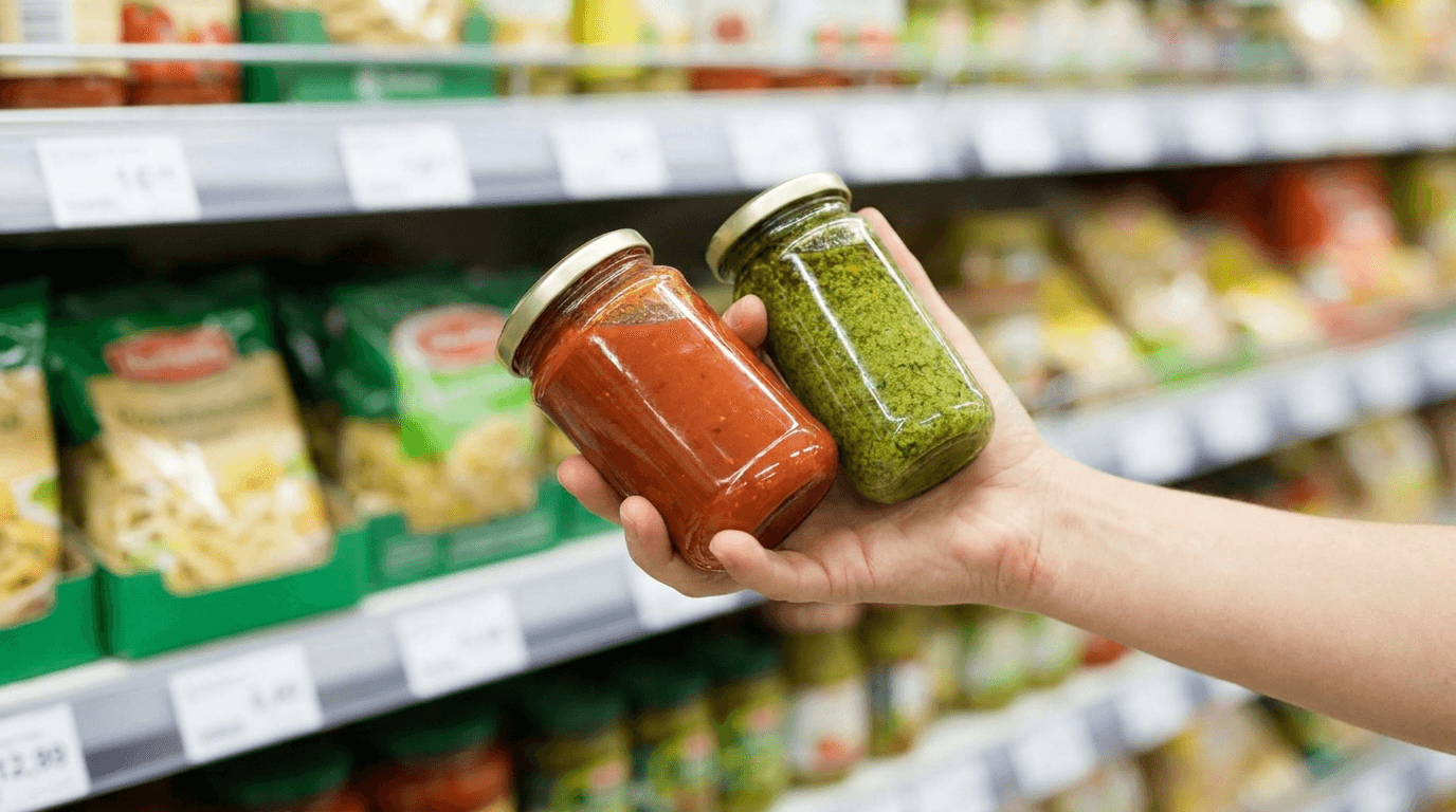Swiss supermarket price tag showing the unit price per kilo, comparing a large and a small pack