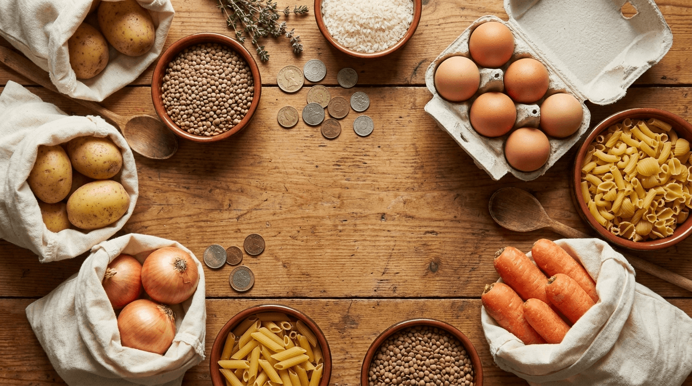 Flatlay di ingredienti di base economici come lenticchie, riso, pasta, uova e verdura di stagione con qualche moneta: cucinare con meno di CHF 5 a persona, prezzi attuali live in Rappn.
