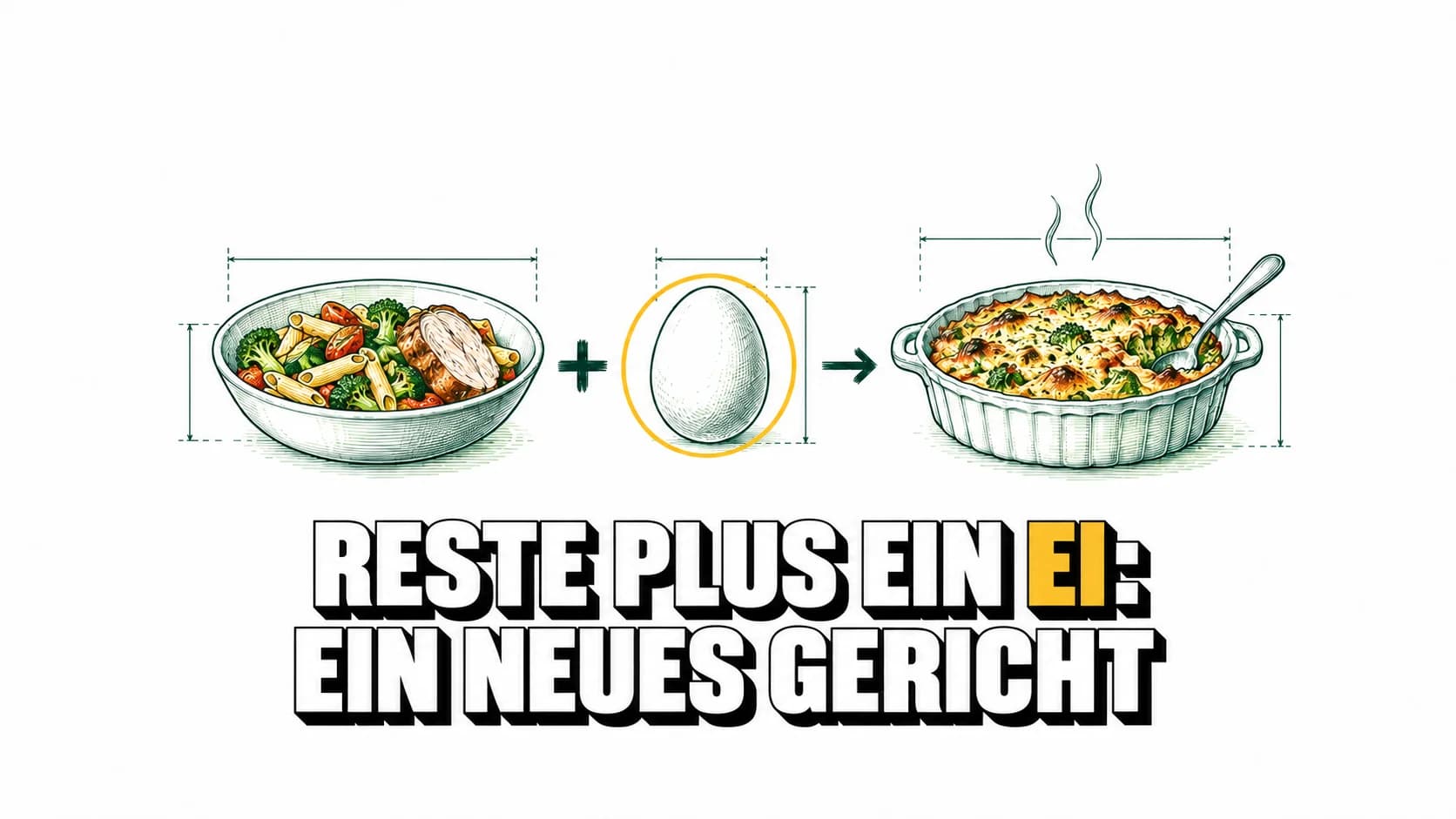 Technische Zeichnung von Resten plus einem Ei mit Pfeil zu einem Gratin.