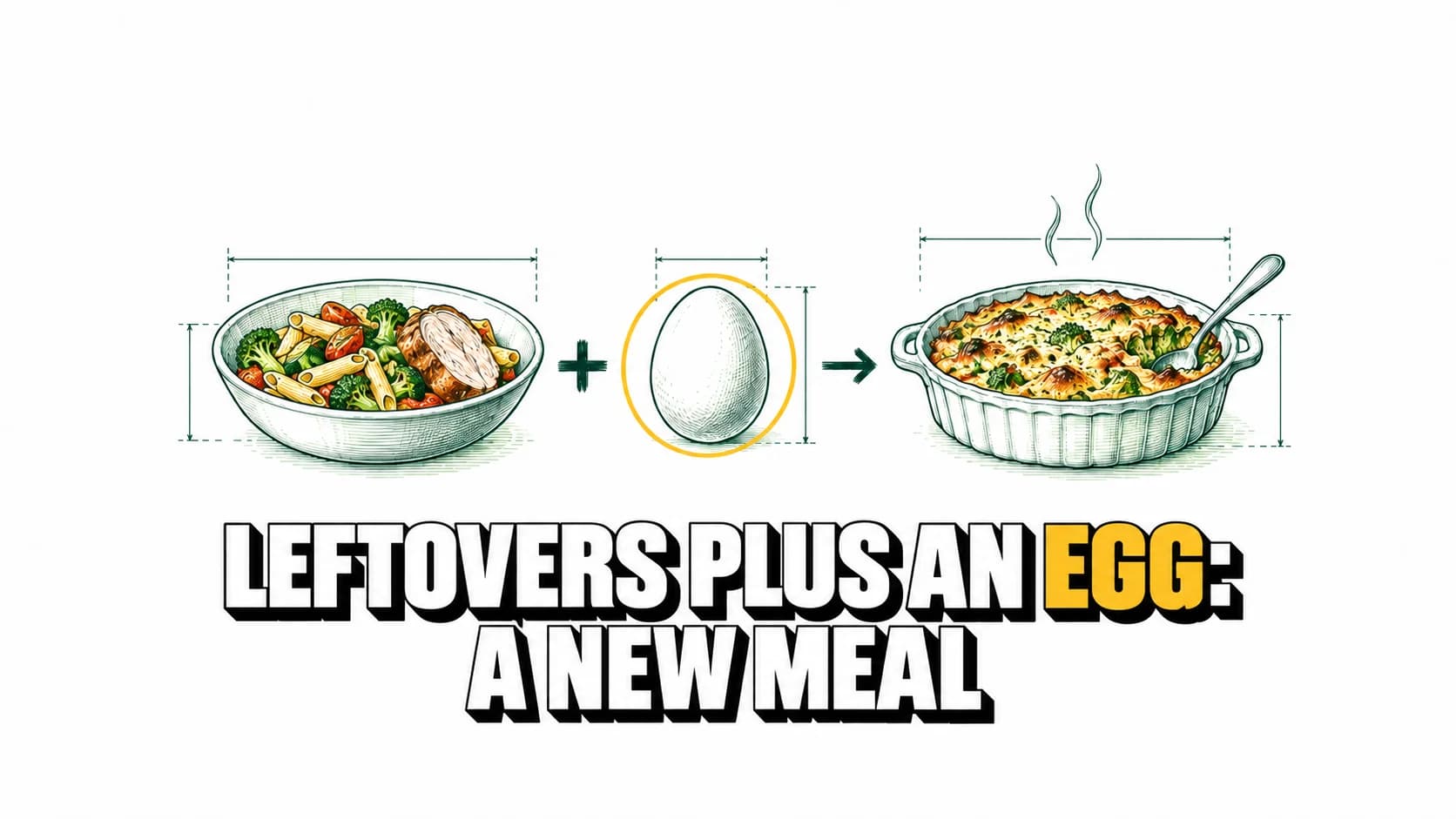 Technical drawing of leftovers plus an egg, with an arrow towards a gratin.