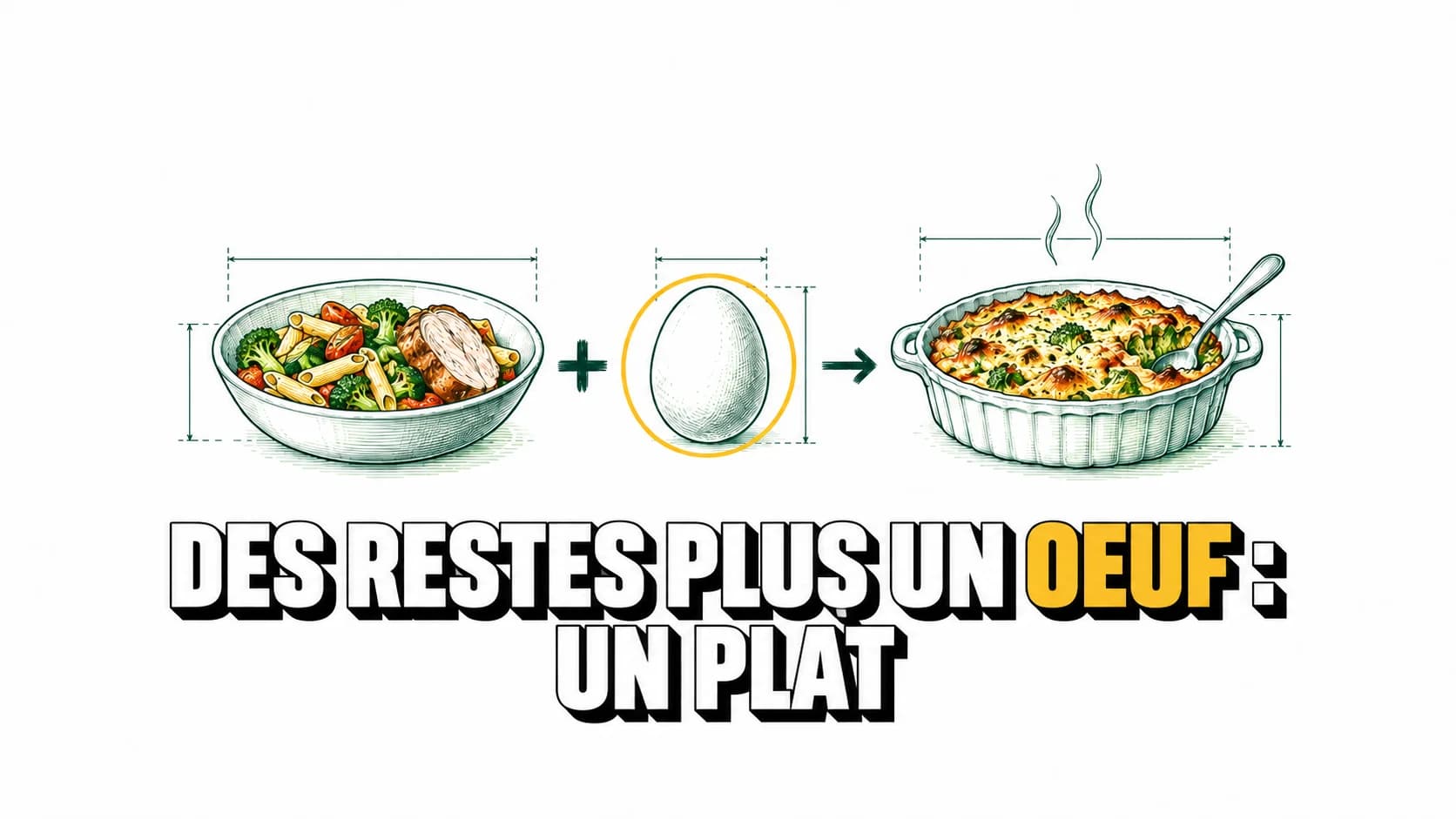 Dessin technique de restes plus un œuf, avec flèche vers un gratin.