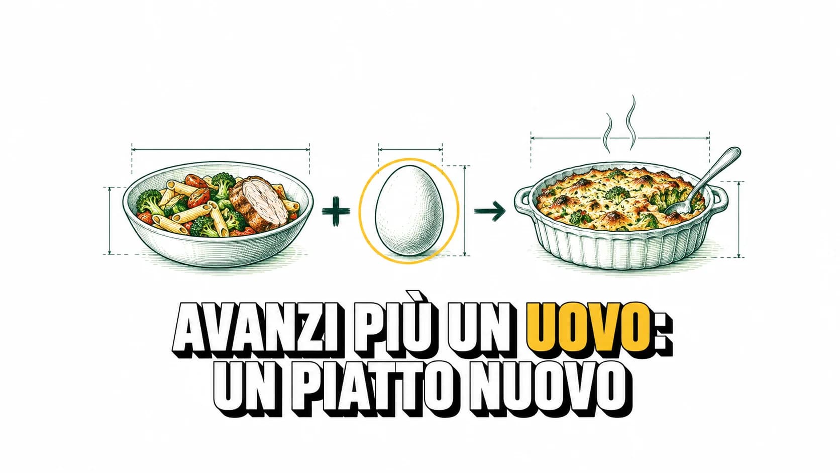 Disegno tecnico di avanzi più un uovo, con freccia verso un gratin.