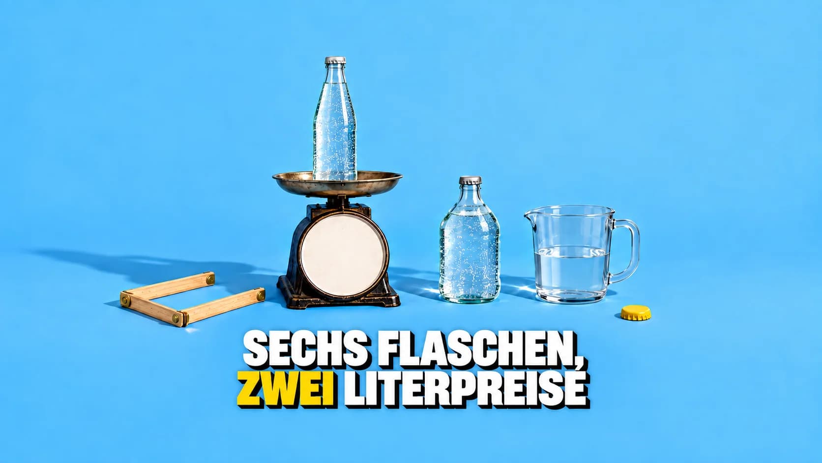 Eine Küchenwaage mit leerem Zifferblatt neben unbeschrifteten Wasserflaschen und einem Krug.