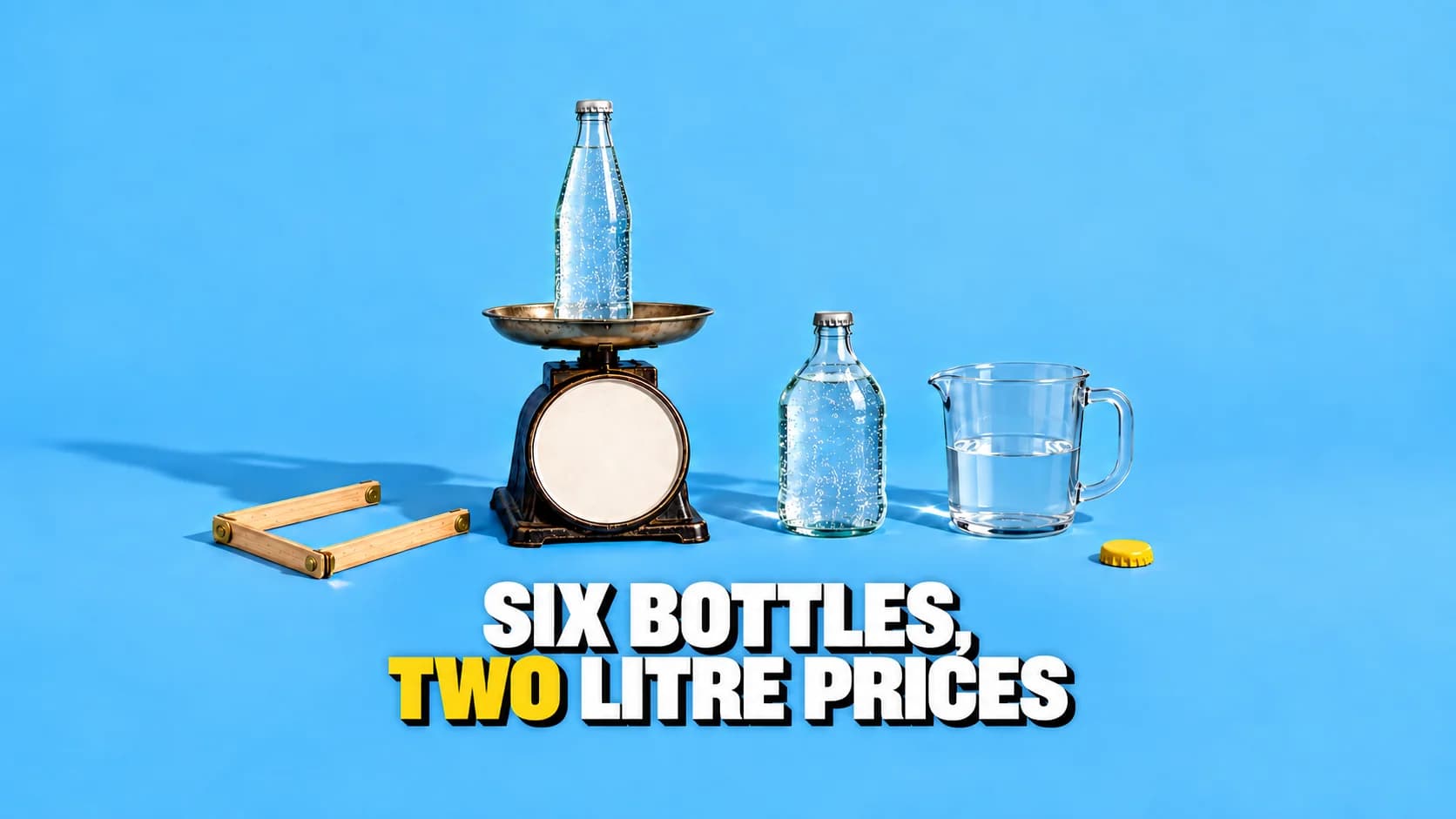 A kitchen scale with a blank dial beside unlabelled water bottles and a jug.