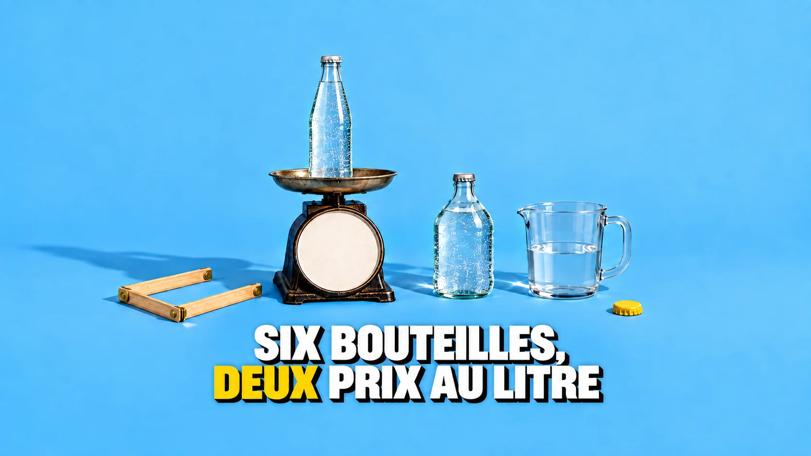 Une balance au cadran vierge près de bouteilles d’eau sans étiquette et d’une carafe.