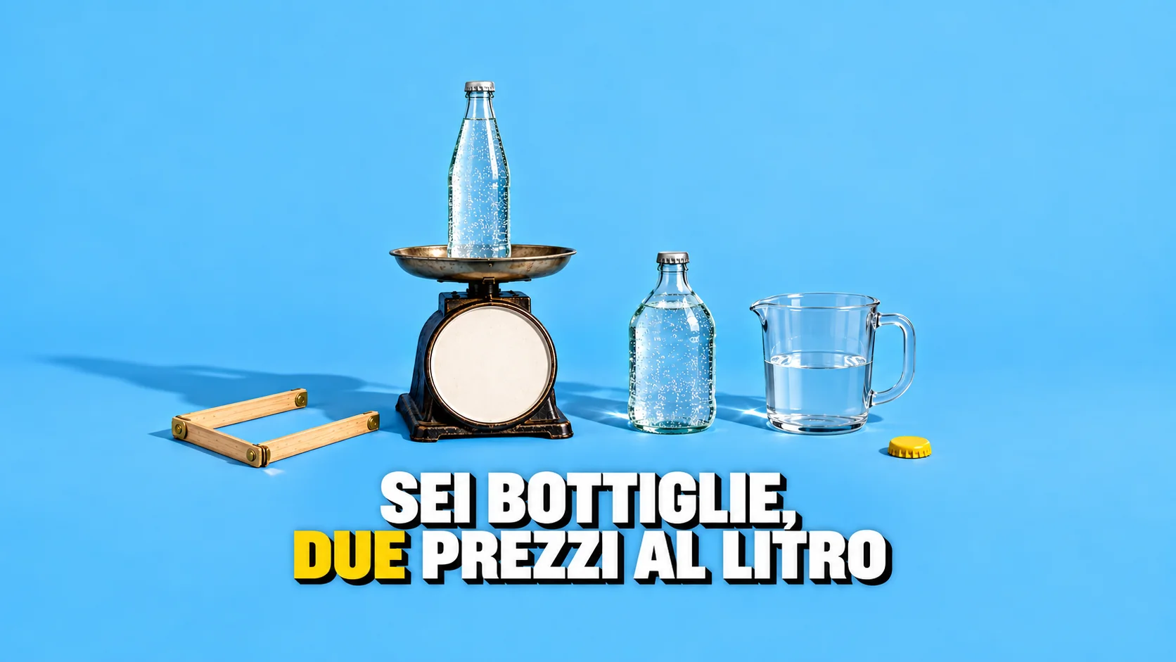Bilancia da cucina con quadrante vuoto, due bottiglie di acqua frizzante senza etichetta, una brocca graduata liscia e un metro pieghevole