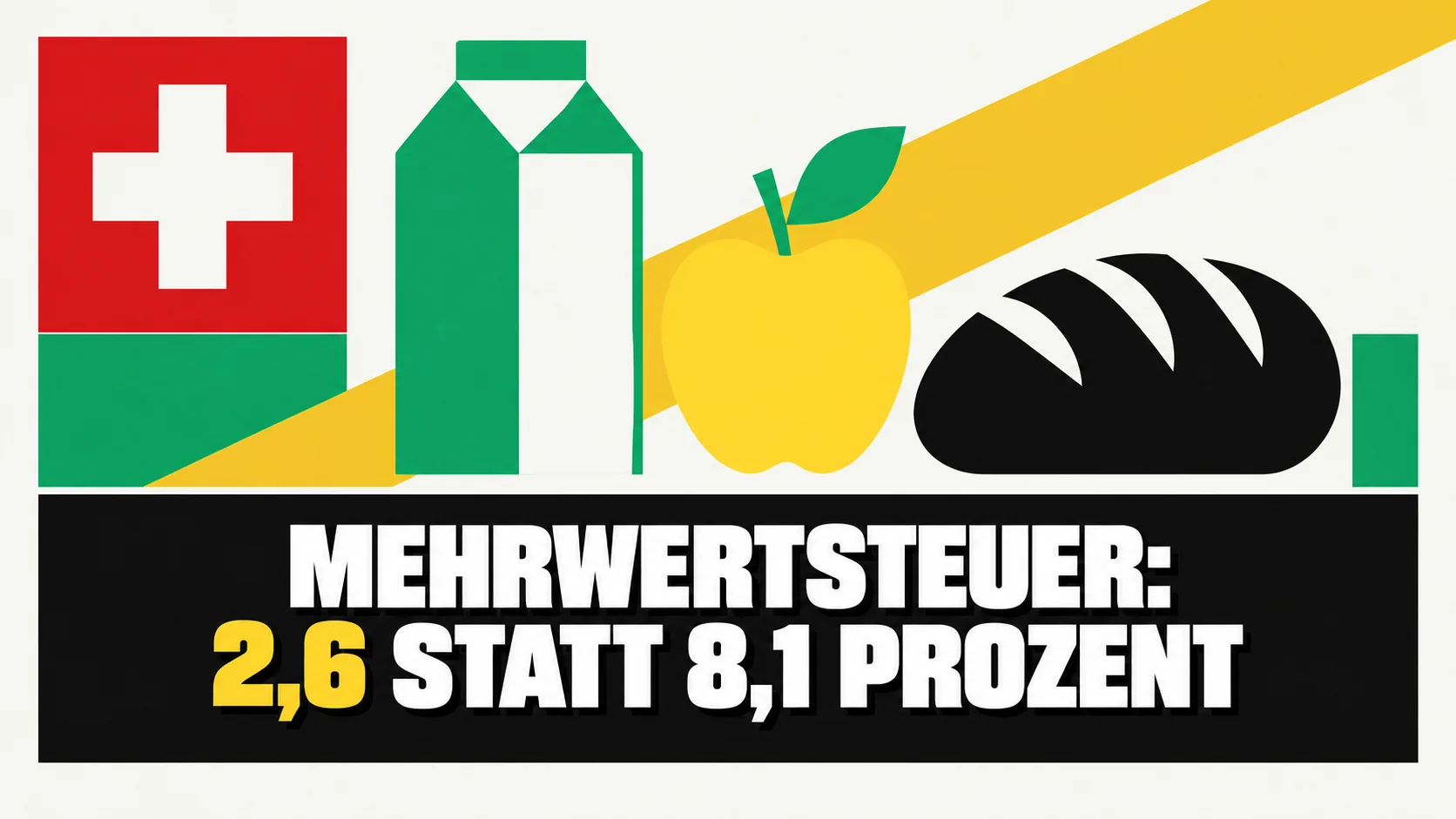 Schweizer Grafikplakat mit weissem Kreuz auf Rot sowie Milch, Apfel und Brot.
