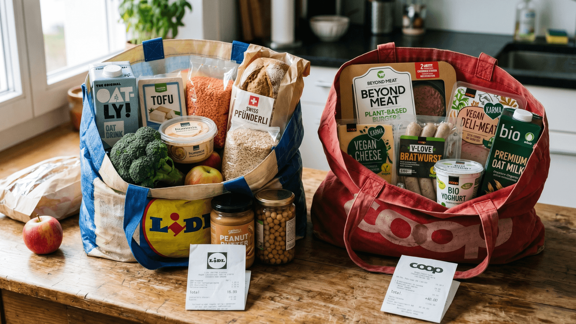 Panier hebdomadaire végan Suisse — lait d'avoine, tofu, houmous, produits V-Label