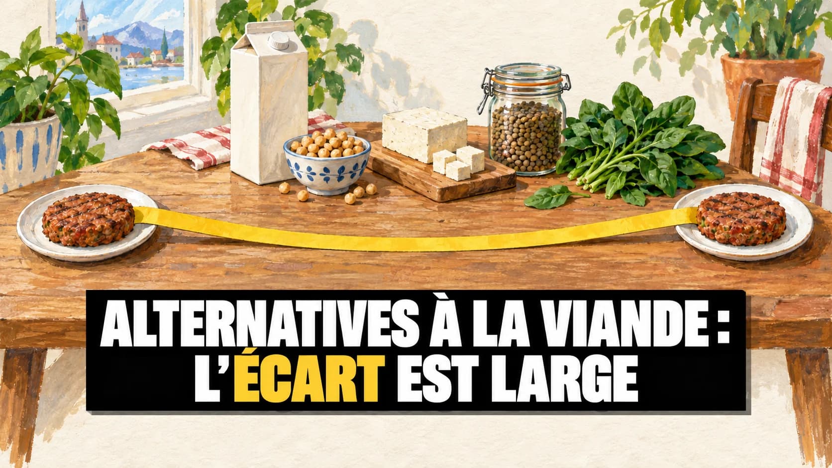 Gouache d’une table avec des aliments végétaux, des assiettes et un ruban jaune.
