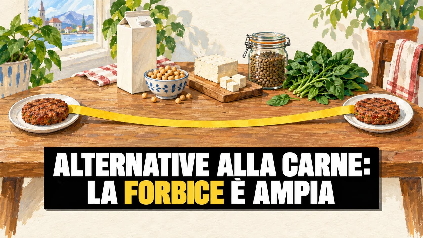 Illustrazione a gouache di un tavolo con alimenti vegetali, piatti e un nastro giallo.