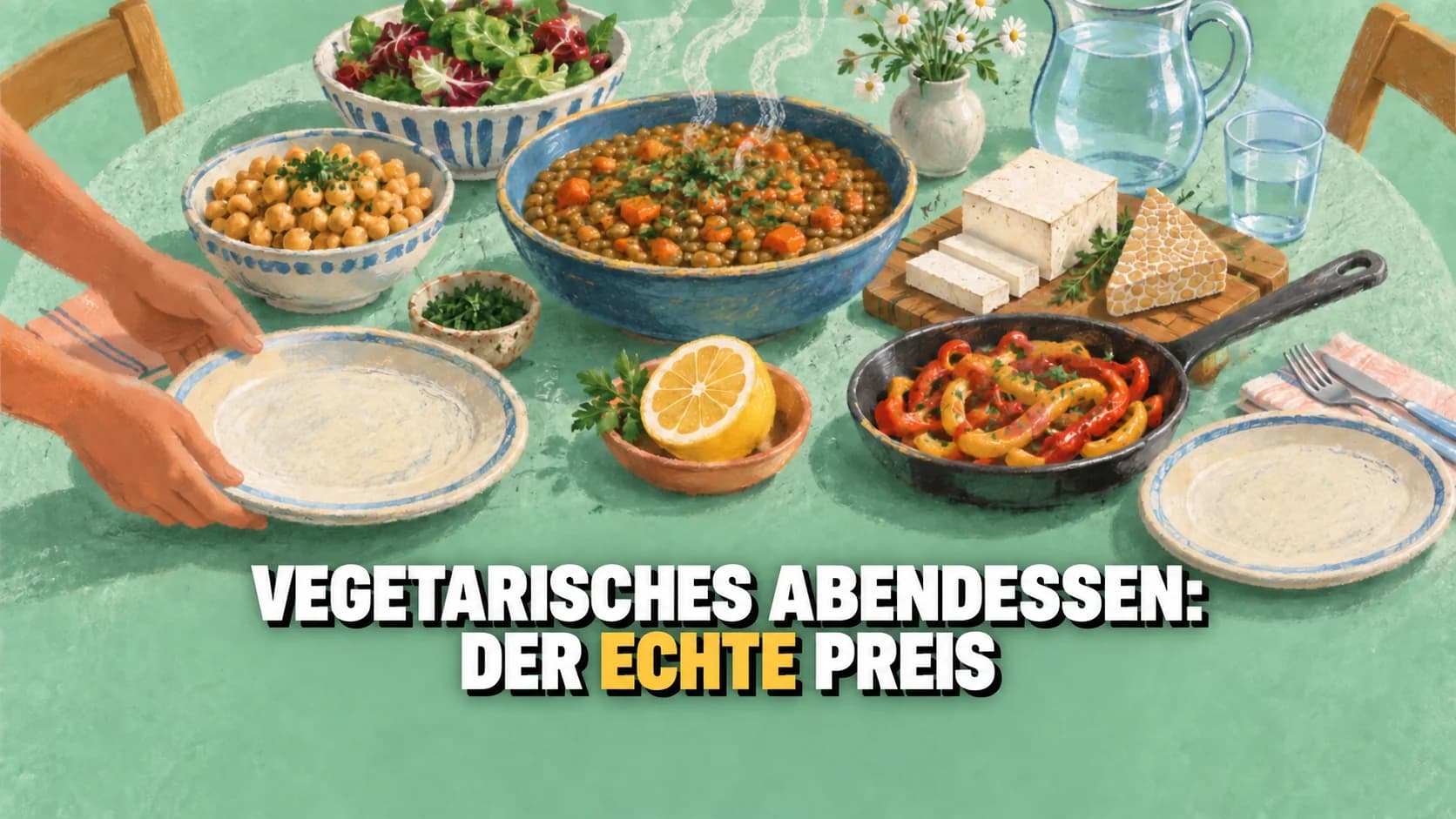 Vegetarischer Tisch als Pastellbild mit Linsen, Tofu, Tempeh, Peperoni und Zitrone.