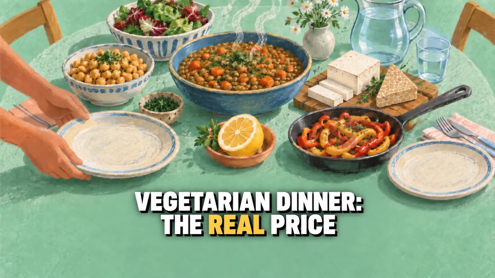 Pastel vegetarian table with lentils, tofu, tempeh, peppers and a lemon.