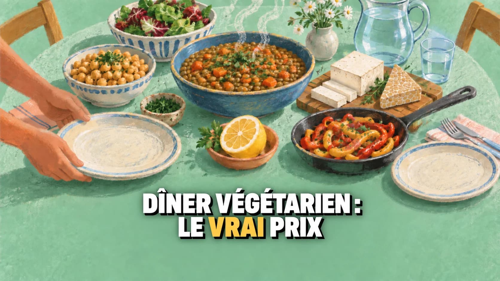 Table végétarienne au pastel avec lentilles, tofu, tempeh, poivrons et citron.