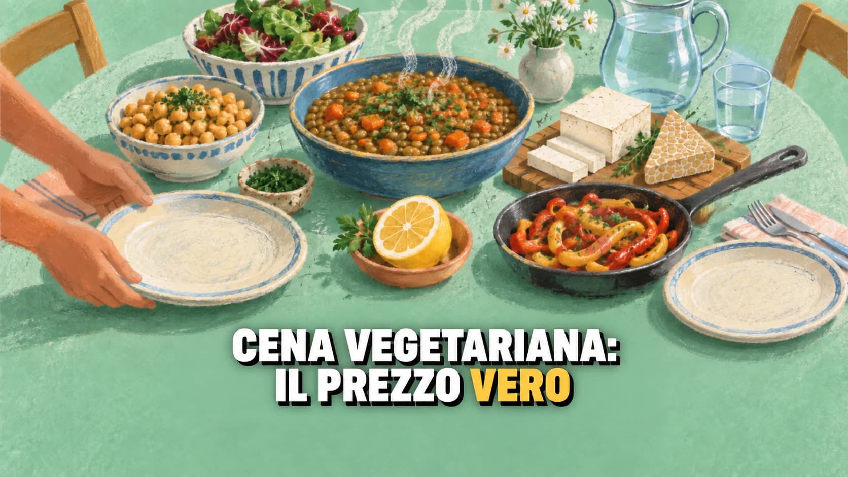 Tavola vegetariana a pastello con lenticchie, tofu, tempeh, peperoni e limone.