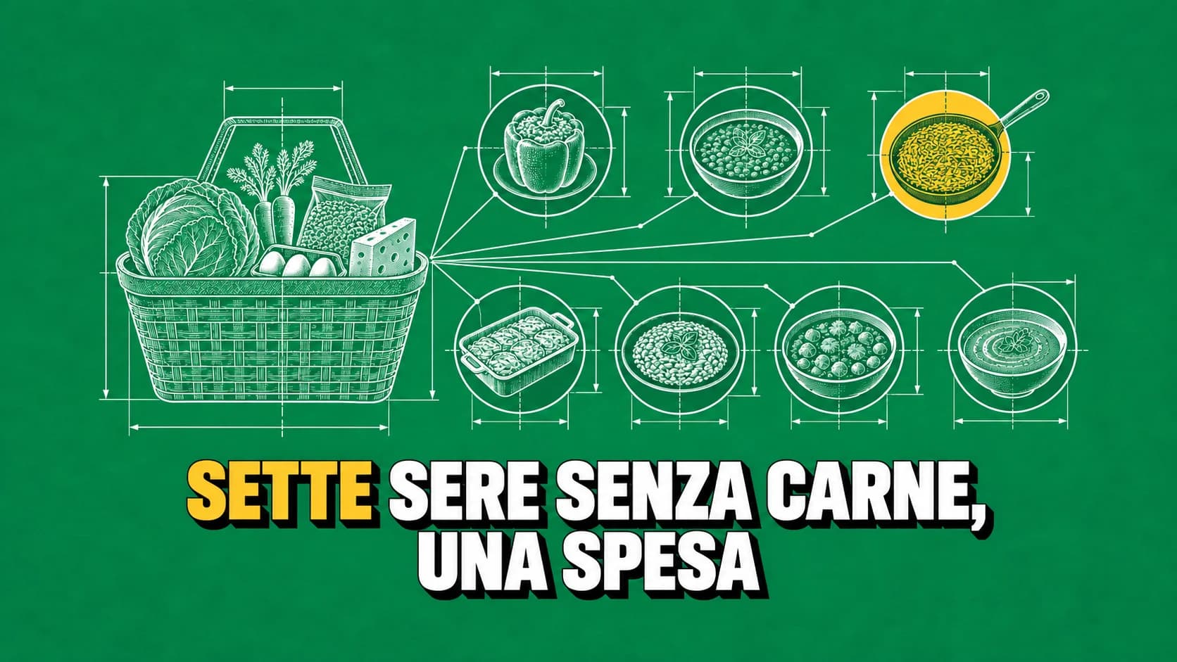 Disegno tecnico bianco su fondo verde: un cesto della spesa collegato da linee sottili a sette piatti diversi.