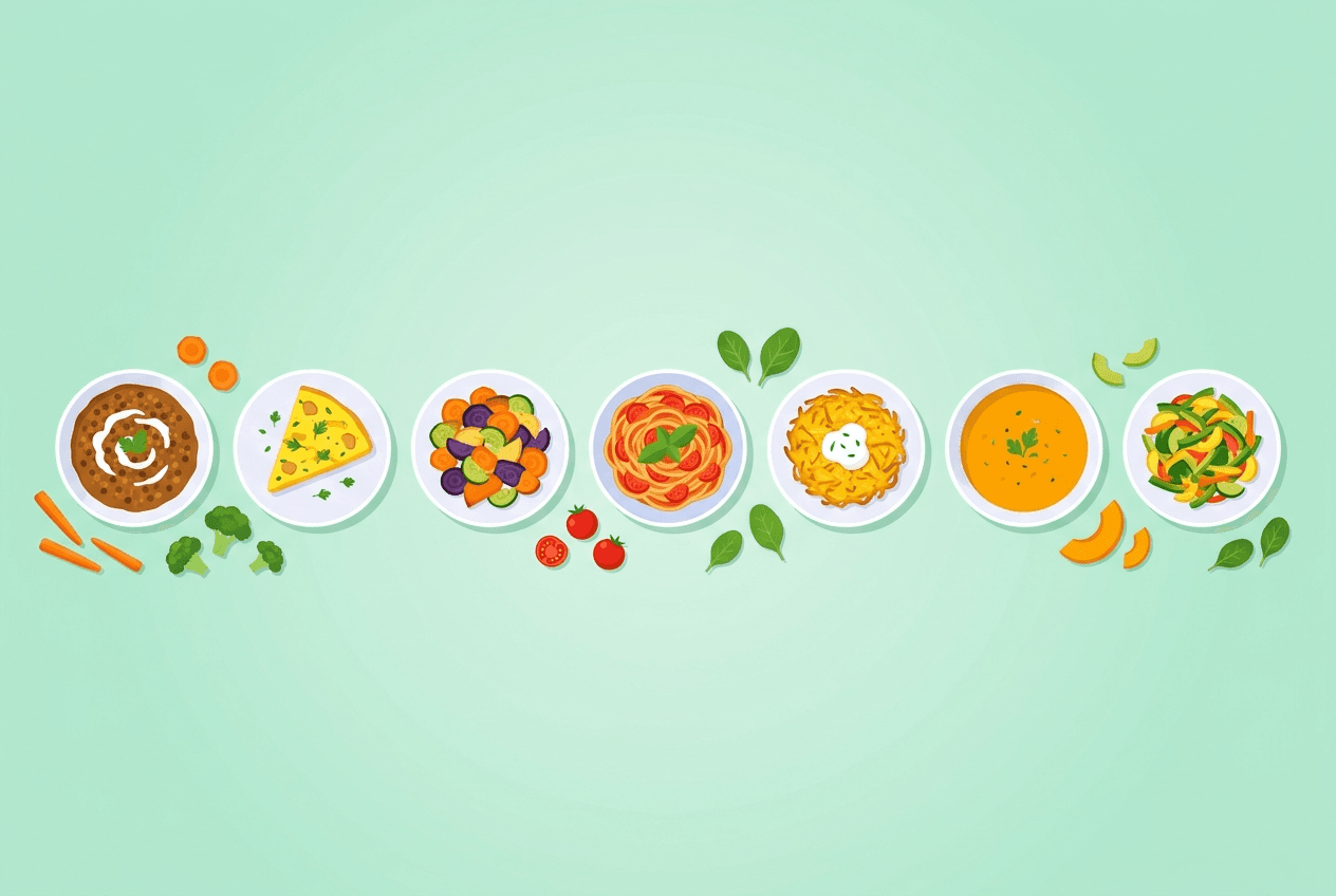 Wochenplan mit sieben günstigen vegetarischen Znacht — Linsen, Bohnen, Eier, Saisongemüse, Pasta, Rösti und Suppe — auf einem Schweizer Küchentisch.