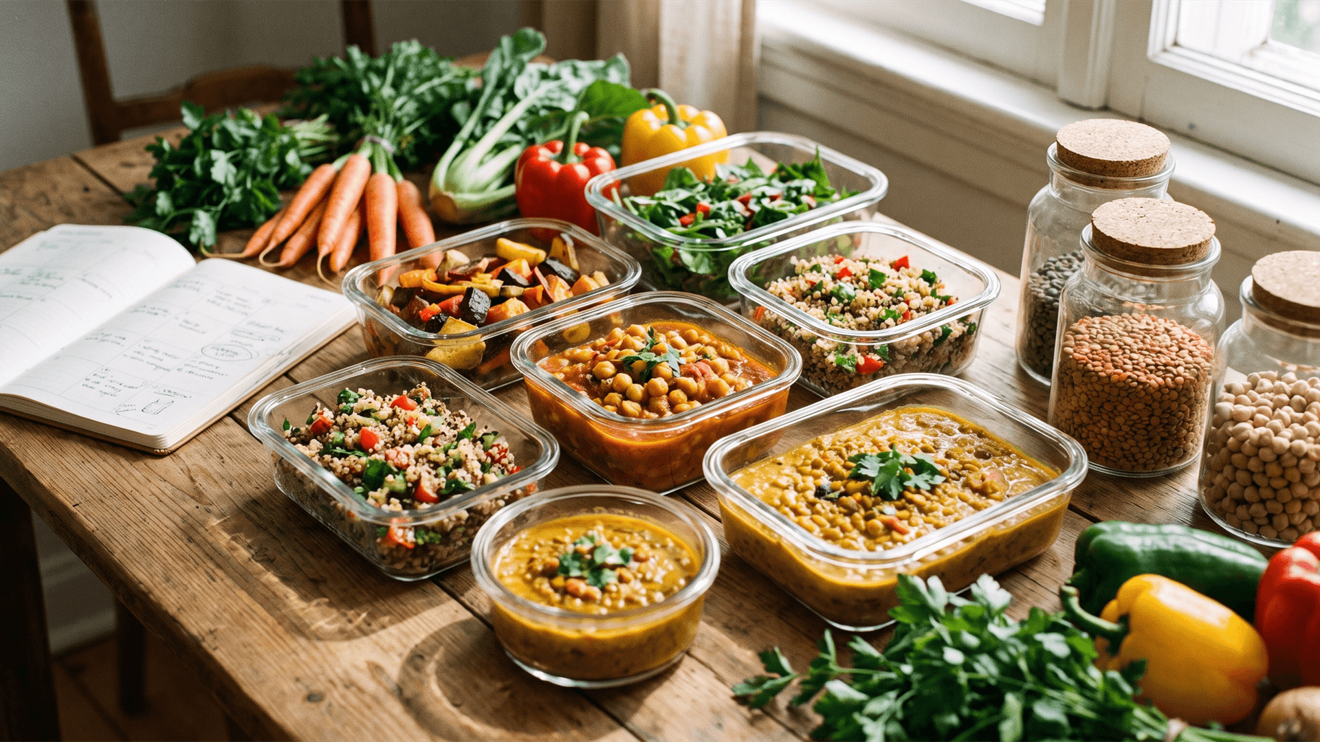 Plan de semaine avec sept soupers végétariens bon marché — lentilles, haricots, œufs, légumes de saison, pâtes, rösti et soupe — sur une table de cuisine suisse.