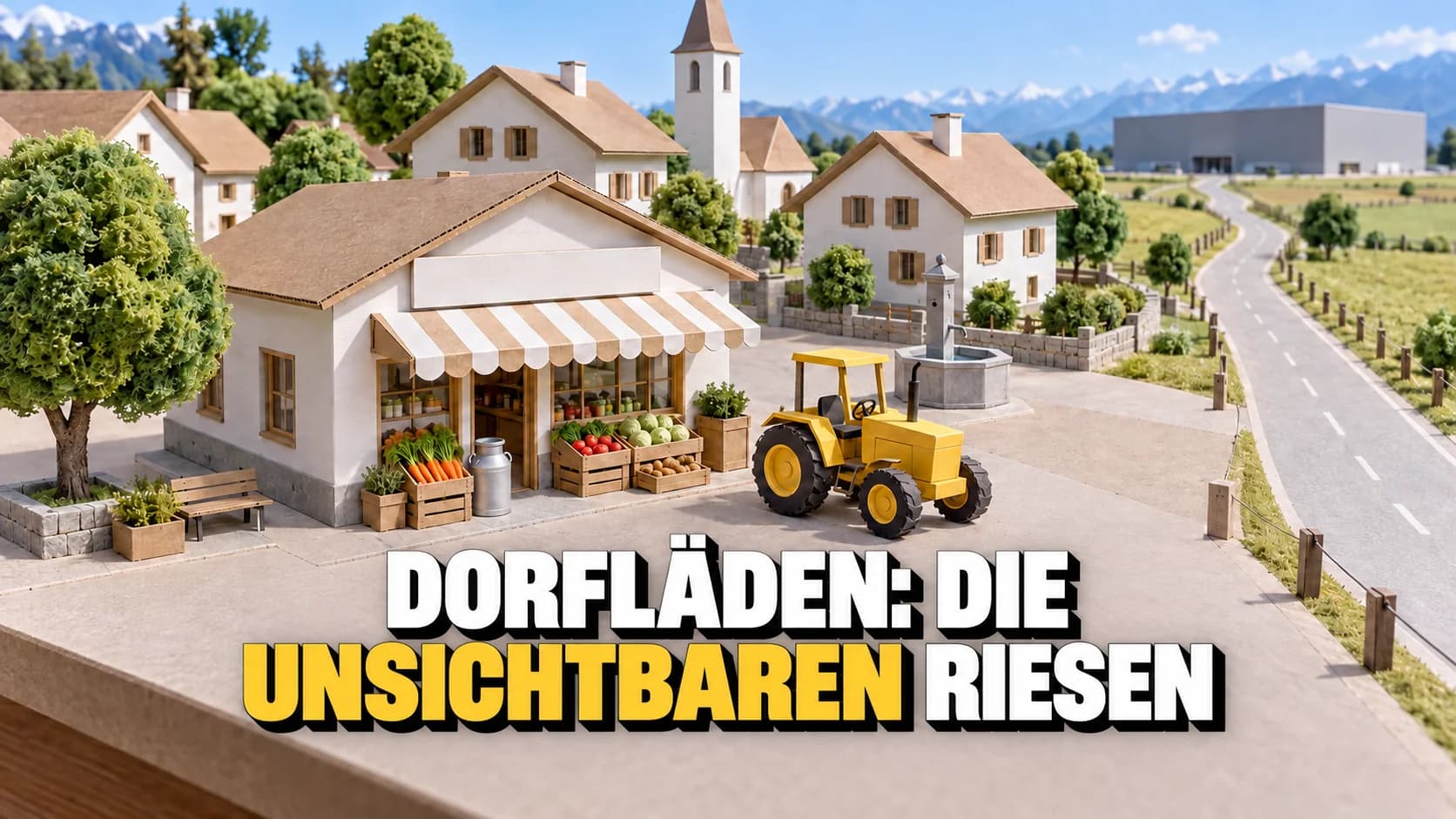 Kartonmodell eines Dorfplatzes mit Kirche, Brunnen, Dorfladen und gelbem Traktor.