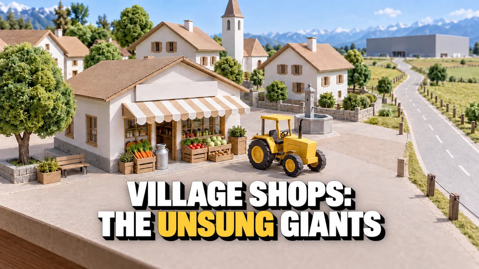 Cardboard village-square model with a church, fountain, shop and yellow tractor.