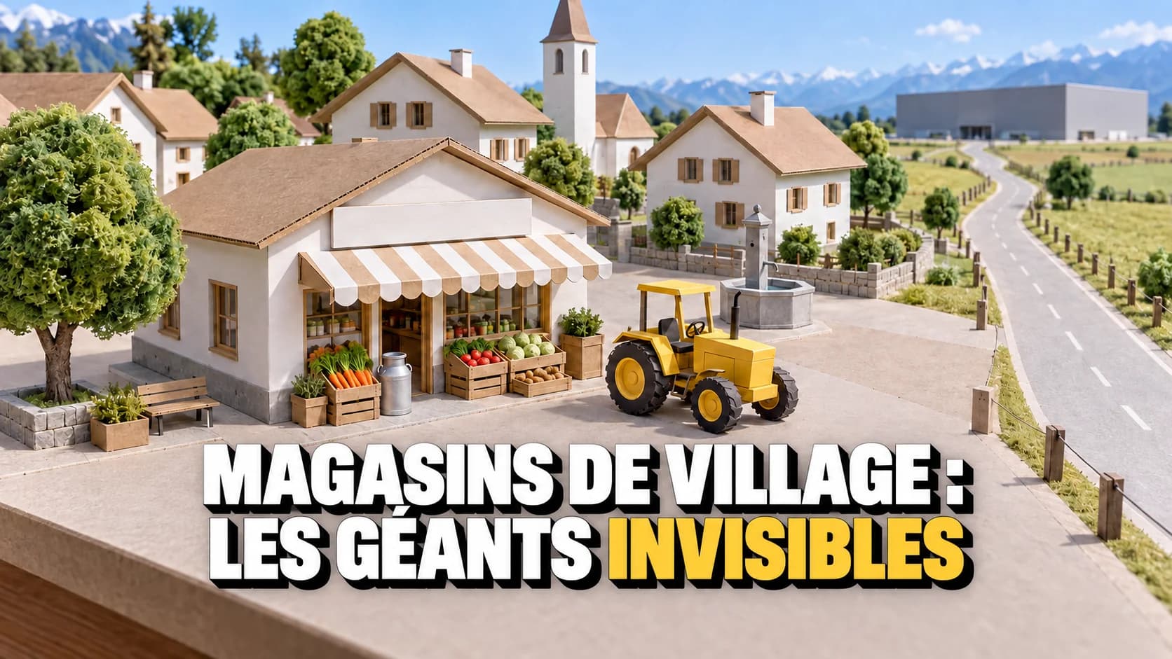 Maquette d’une place de village avec église, fontaine, épicerie et tracteur jaune.