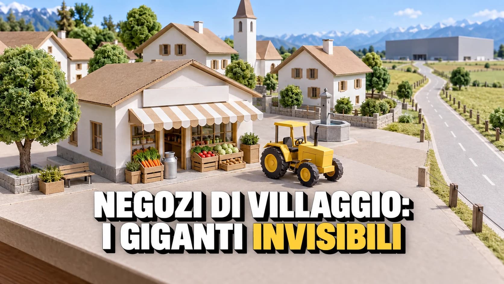Modellino di cartone di una piazza di villaggio con chiesa, fontana e un piccolo negozio con casse di verdura, e un trattore giallo di cartone.