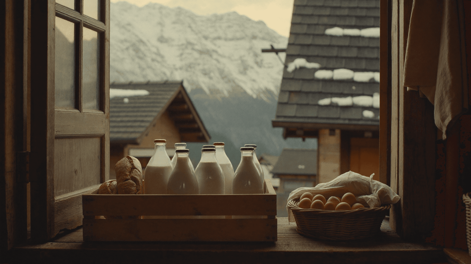 Offenes Fenster eines Walliser Chalets mit Milchflaschen, Brot und einem Korb Eier, dahinter Dorfdächer und verschneite Berge