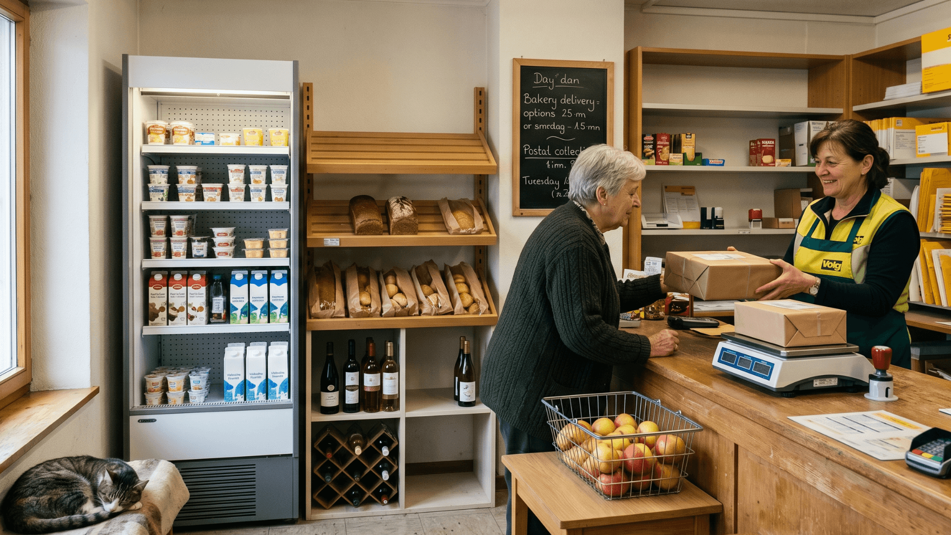 Un cartello negozio Volg accanto a un ingresso Landi e a una facciata Spar Express su una strada rurale svizzera